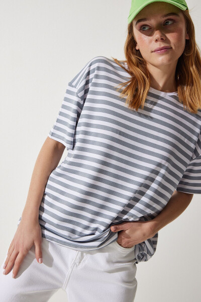 Kadın Gri Bisiklet Yaka Çizgili Oversize Örme T-Shirt EN00609-Gri - 3