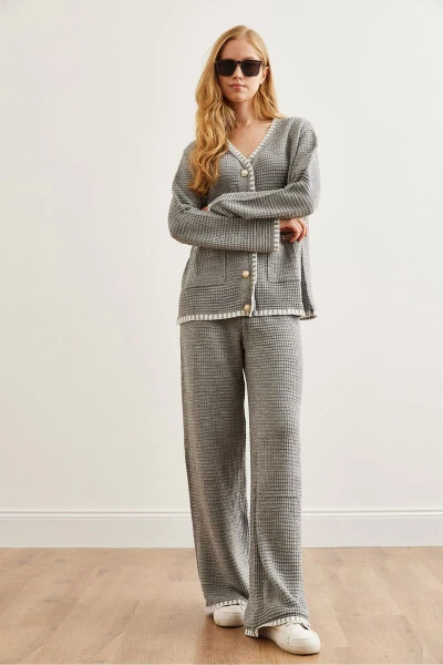 Kadın Gri Biye Detaylı Üst Hırka Alt Pantolon Triko Takım TKM-19000305-Gri - 5