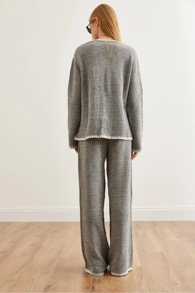 Kadın Gri Biye Detaylı Üst Hırka Alt Pantolon Triko Takım TKM-19000305-Gri - 7