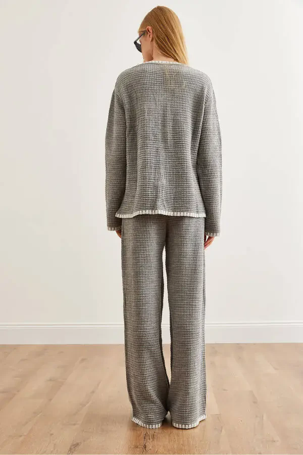 Kadın Gri Biye Detaylı Üst Hırka Alt Pantolon Triko Takım TKM-19000305-Gri - 7