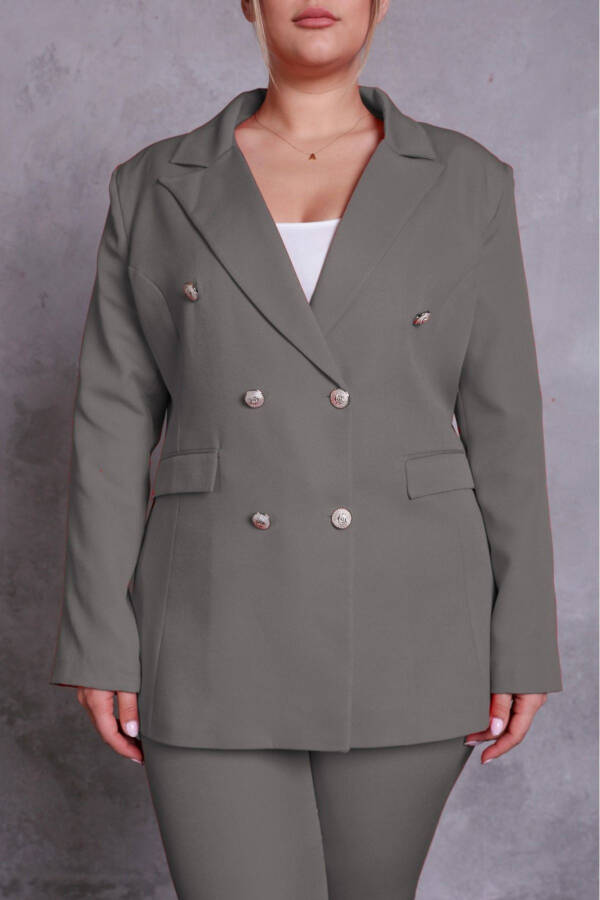 Kadın Gri Blazer Ceket Kemerli Cepli Boru Paça Pantolon Büyük Beden Takım Elbise-Gri - 4