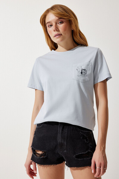 Kadın Gri Cepli Örme T-Shirt UB00252 - Gri - HAPPINESS İSTANBUL (1)