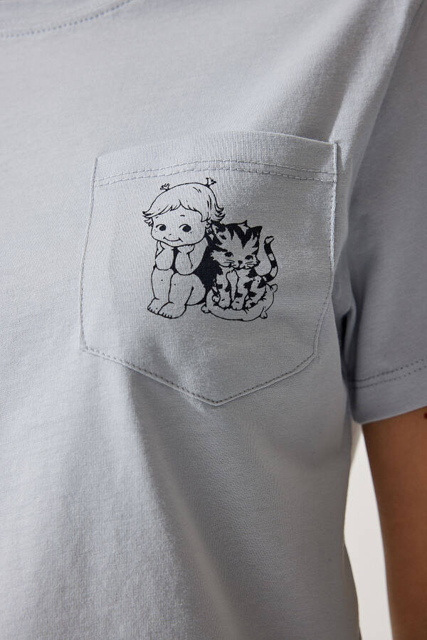 Kadın Gri Cepli Örme T-Shirt UB00252 - Gri - 4