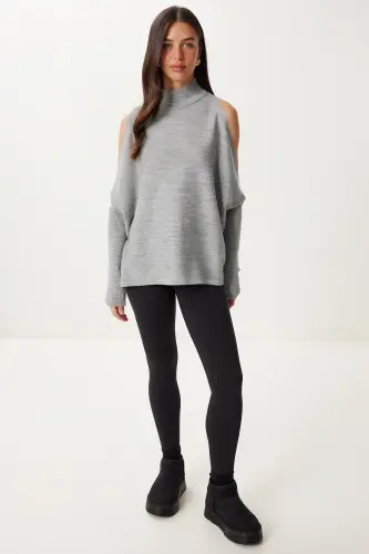 Kadın Gri Cut Out Detaylı Oversize Triko Kazak AS00015-Gri - 3