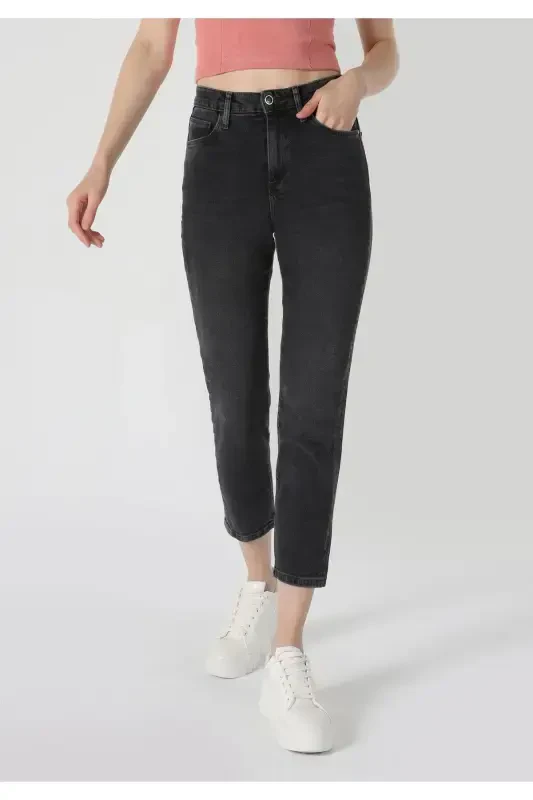 Slim Fit Orta Bel Daralan Paça Kadın Gri Jean Pantolon - 4