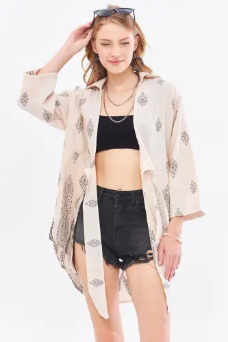 Kadın Gri Desenli Keten Görünümlü Eteği Sulu Önden Bağlamalı Kimono Gömlek ARM-24Y001092-Gri - 3