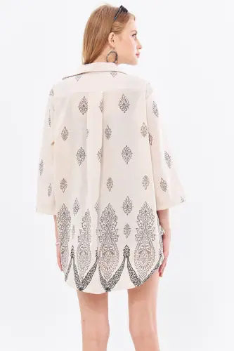 Kadın Gri Desenli Keten Görünümlü Eteği Sulu Önden Bağlamalı Kimono Gömlek ARM-24Y001092-Gri - 5