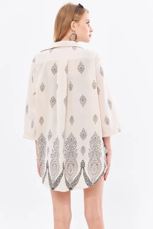 Kadın Gri Desenli Keten Görünümlü Eteği Sulu Önden Bağlamalı Kimono Gömlek ARM-24Y001092-Gri - 5
