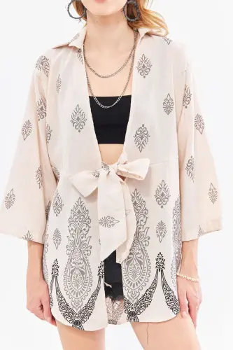 Kadın Gri Desenli Keten Görünümlü Eteği Sulu Önden Bağlamalı Kimono Gömlek ARM-24Y001092-Gri - ARMONIKA (1)