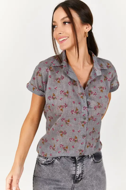 Kadın Gri Desenli Kısa Kol Gömlek ARM-22Y001052-Gri - 2