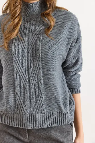 Kadın Gri Dik Yaka Ortası Saç Örgülü Triko Kazak KZK-19000912-Gri - 5