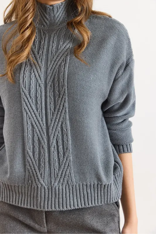 Kadın Gri Dik Yaka Ortası Saç Örgülü Triko Kazak KZK-19000912-Gri - 5