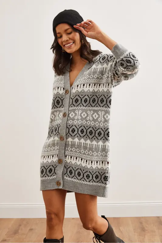 Kadın Gri Etnik Desenli Oversize Triko Hırka HRK-19000300-Gri - 2