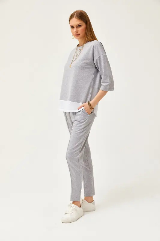 Kadın Gri Garnili Alt Üst Takım TKM-19000274-Gri - 3