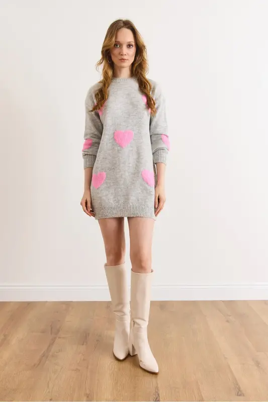 Kadın Gri Kalp Detaylı Yumuşak Dokulu Triko Tunik Elbise ELB-19002284-Gri - 2