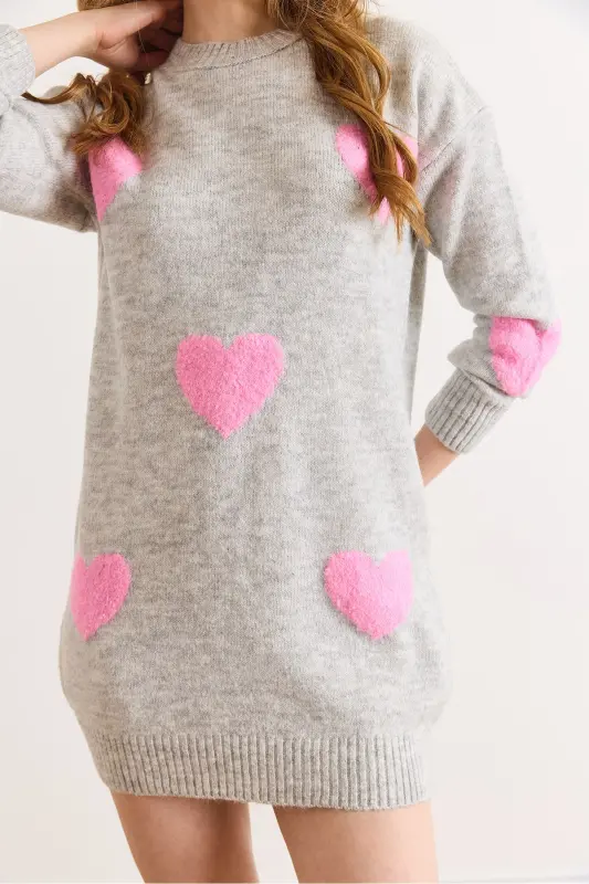 Kadın Gri Kalp Detaylı Yumuşak Dokulu Triko Tunik Elbise ELB-19002284-Gri - 3