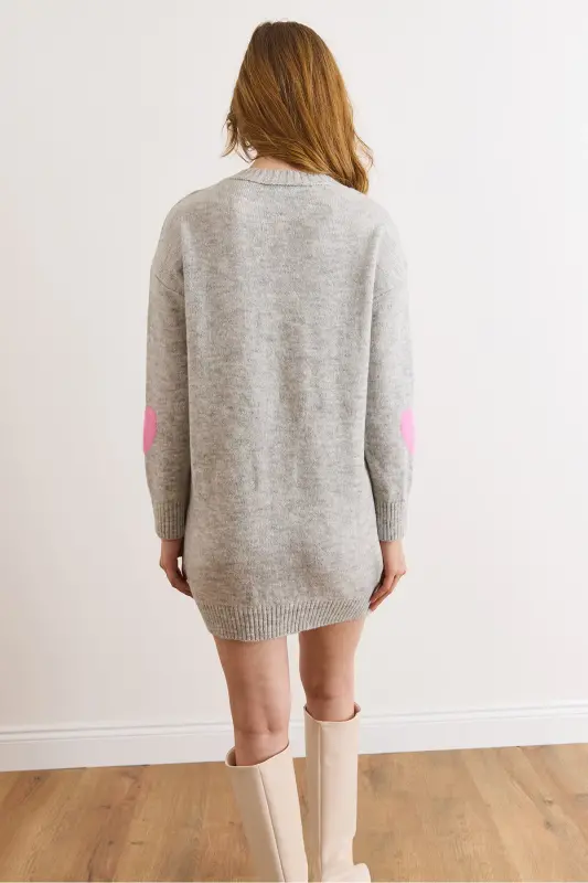 Kadın Gri Kalp Detaylı Yumuşak Dokulu Triko Tunik Elbise ELB-19002284-Gri - 4