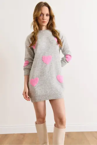 Kadın Gri Kalp Detaylı Yumuşak Dokulu Triko Tunik Elbise ELB-19002284-Gri - 6