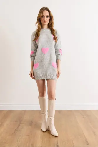 Kadın Gri Kalp Detaylı Yumuşak Dokulu Triko Tunik Elbise ELB-19002284-Gri - OLALOOK (1)