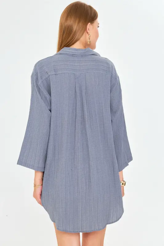 Kadın Gri Kendinden Çizgili Önden Bağlamalı Kimono Gömlek ARM-24Y001101-Gri - 6