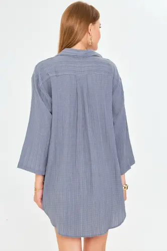 Kadın Gri Kendinden Çizgili Önden Bağlamalı Kimono Gömlek ARM-24Y001101-Gri - 6