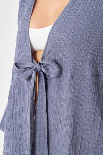 Kadın Gri Kendinden Çizgili Önden Bağlamalı Kimono Gömlek ARM-24Y001101-Gri - ARMONIKA (1)