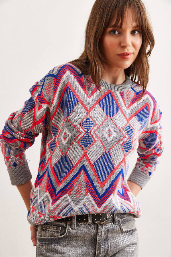 Kadın Gri Kilim Desen Triko Kazak KZK-19000869-Gri - 1