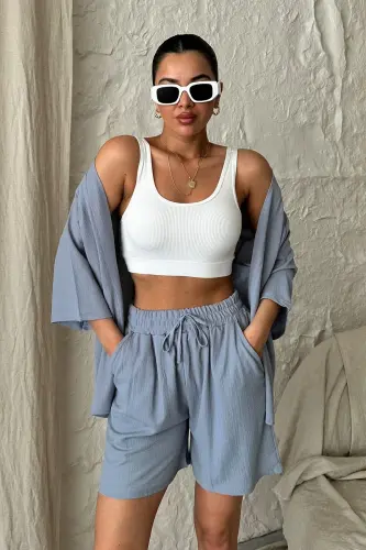 Kadın Gri Kimono Gömlek Şort Alt Üst Takım - Gri 