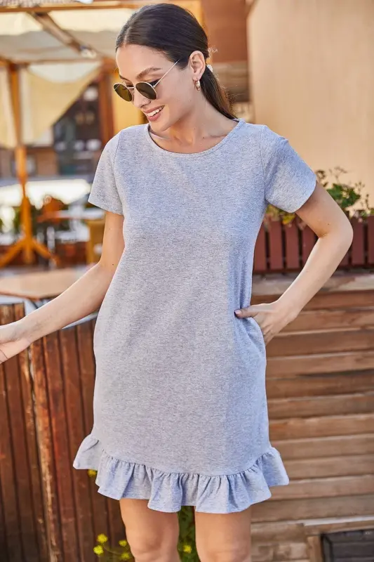 Kadın Gri Kısa Kollu Altı Fırfırlı Elbise ARM-20Y001032-Gri - 2