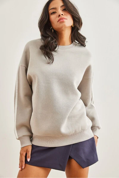 Kadın Gri Kol Şeritli Şardonlu Kalın Sweatshirt SWT-19000688-Gri - 4