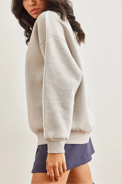 Kadın Gri Kol Şeritli Şardonlu Kalın Sweatshirt SWT-19000688-Gri - 5