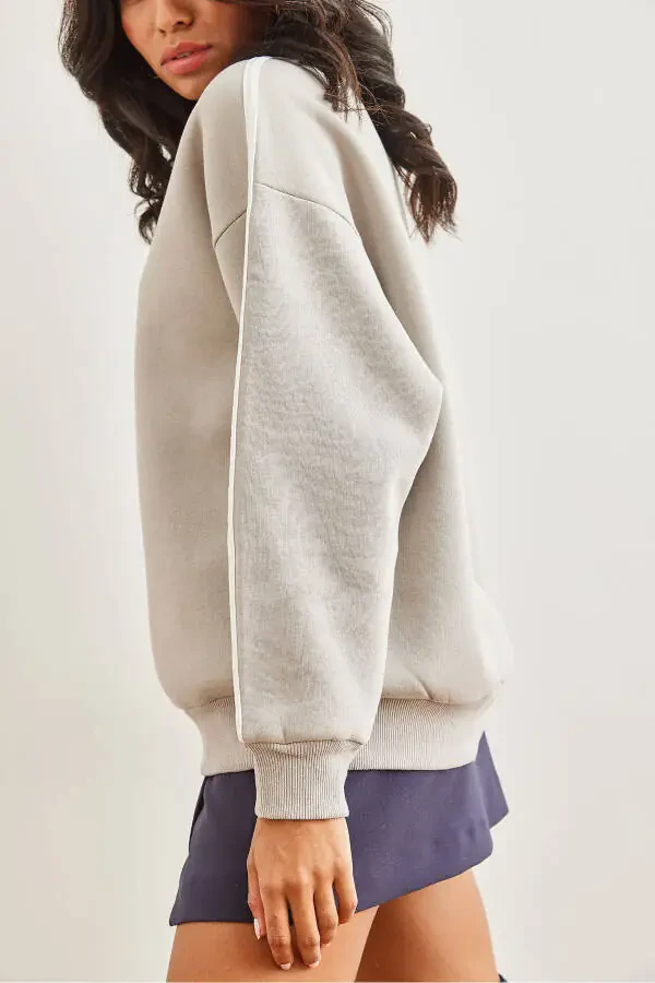 Kadın Gri Kol Şeritli Şardonlu Kalın Sweatshirt SWT-19000688-Gri - 5