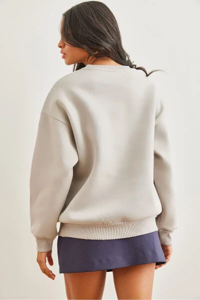Kadın Gri Kol Şeritli Şardonlu Kalın Sweatshirt SWT-19000688-Gri - 6