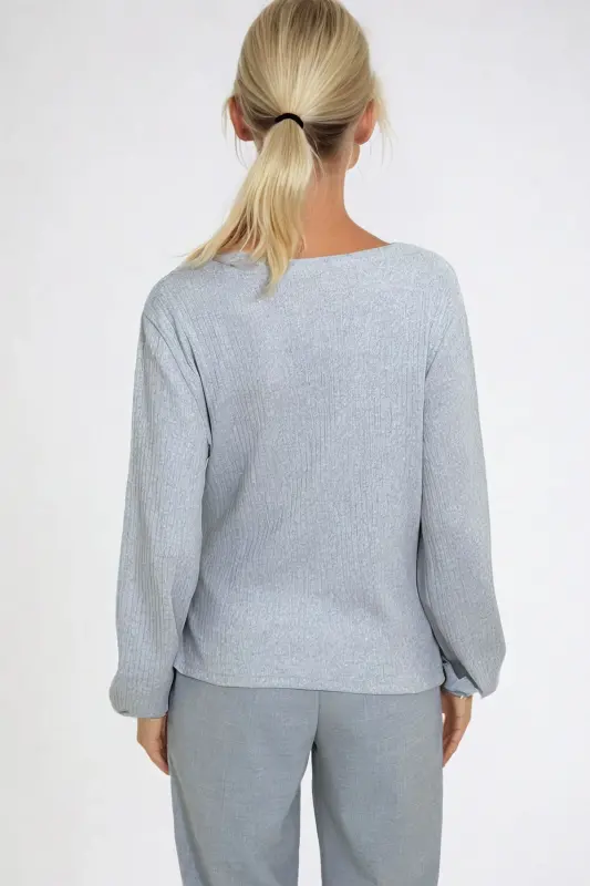 Kadın Gri Kruvaze Yaka Kolu Lastikli Bluz ALC-X12929-Gri - 5