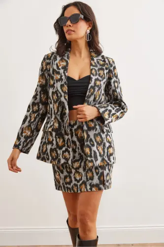 Kadın Gri Leopar Fleto Cepli Astarlı Kaşe Blazer Ceket CKT-19000403 - Gri Leopar - 3
