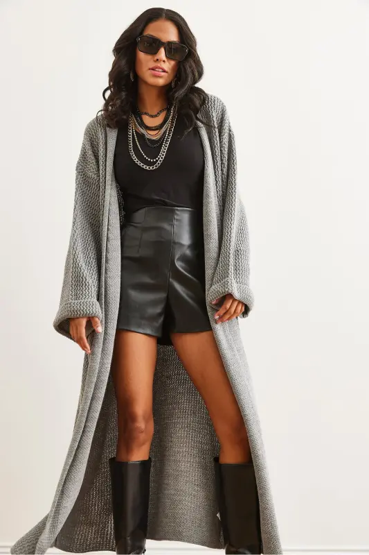 Kadın Gri Manşeti Katlamalı Maxi Triko Hırka HRK-19000297-Gri - 3