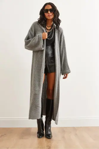 Kadın Gri Manşeti Katlamalı Maxi Triko Hırka HRK-19000297-Gri - 5