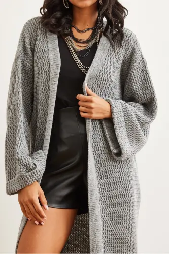 Kadın Gri Manşeti Katlamalı Maxi Triko Hırka HRK-19000297-Gri - 7