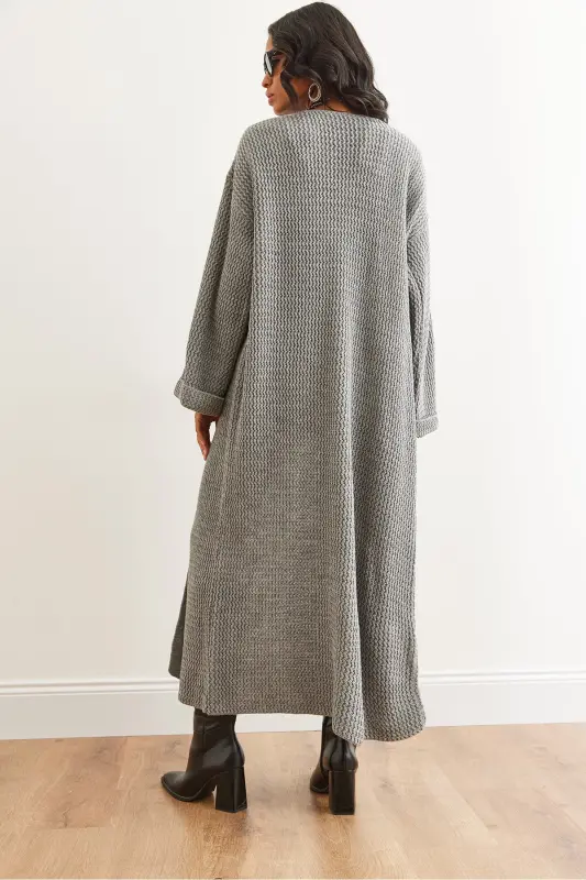 Kadın Gri Manşeti Katlamalı Maxi Triko Hırka HRK-19000297-Gri - 8