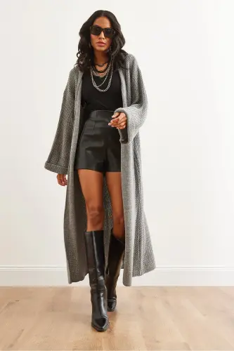 Kadın Gri Manşeti Katlamalı Maxi Triko Hırka HRK-19000297-Gri - 6