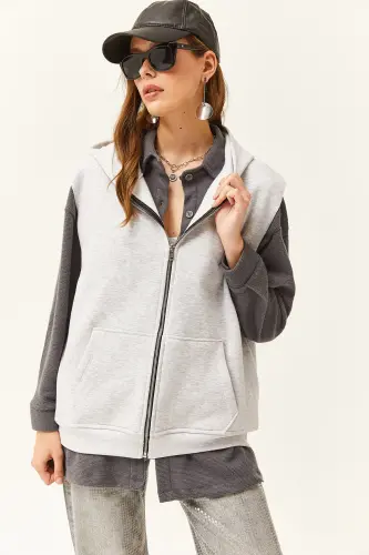 Kadın Gri Melanj Kanguru Cepli Kapüşonlu Şardonlu Oversize Yelek - Gri Melanj - 6