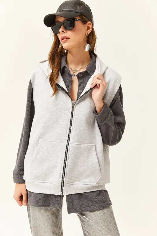 Kadın Gri Melanj Kanguru Cepli Kapüşonlu Şardonlu Oversize Yelek - Gri Melanj - 6