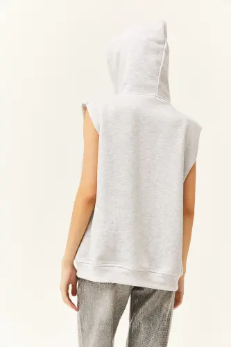 Kadın Gri Melanj Kanguru Cepli Kapüşonlu Şardonlu Oversize Yelek - Gri Melanj - 7