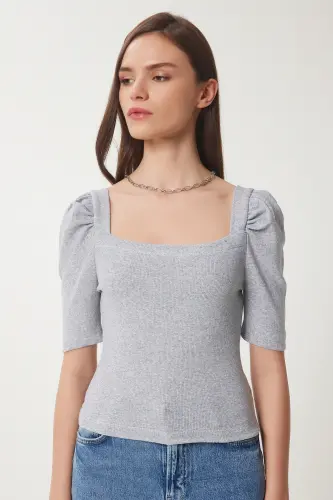Kadın Gri Melanj Kare Yaka Fitilli Crop Bluz GT00007 - Gri Melanj - 4