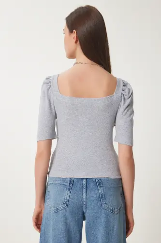 Kadın Gri Melanj Kare Yaka Fitilli Crop Bluz GT00007 - Gri Melanj - 6