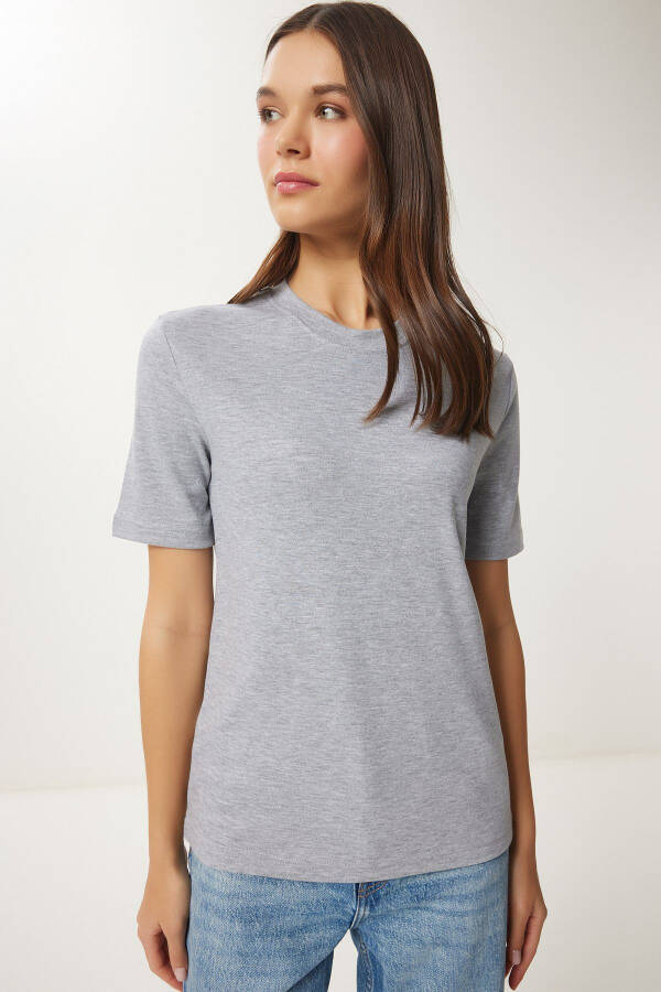 Kadın Gri Melanj Pamuklu Basic Örme T-Shirt AG00001 - Gri Melanj - 1