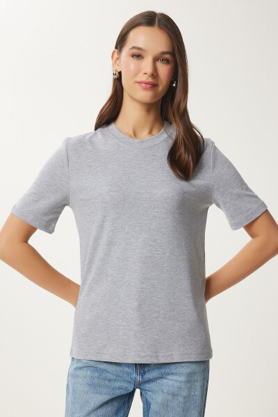 Kadın Gri Melanj Pamuklu Basic Örme T-Shirt AG00001 - Gri Melanj - 2