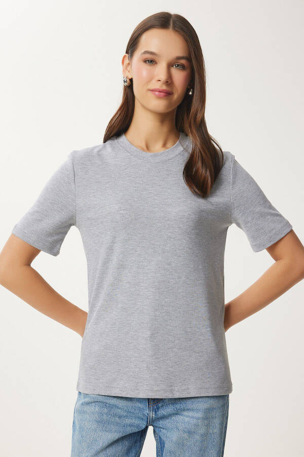 Kadın Gri Melanj Pamuklu Basic Örme T-Shirt AG00001 - Gri Melanj - 2