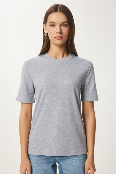 Kadın Gri Melanj Pamuklu Basic Örme T-Shirt AG00001 - Gri Melanj - 4
