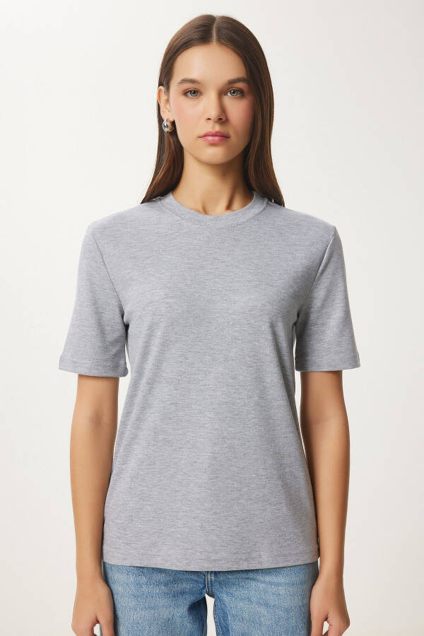 Kadın Gri Melanj Pamuklu Basic Örme T-Shirt AG00001 - Gri Melanj - 4